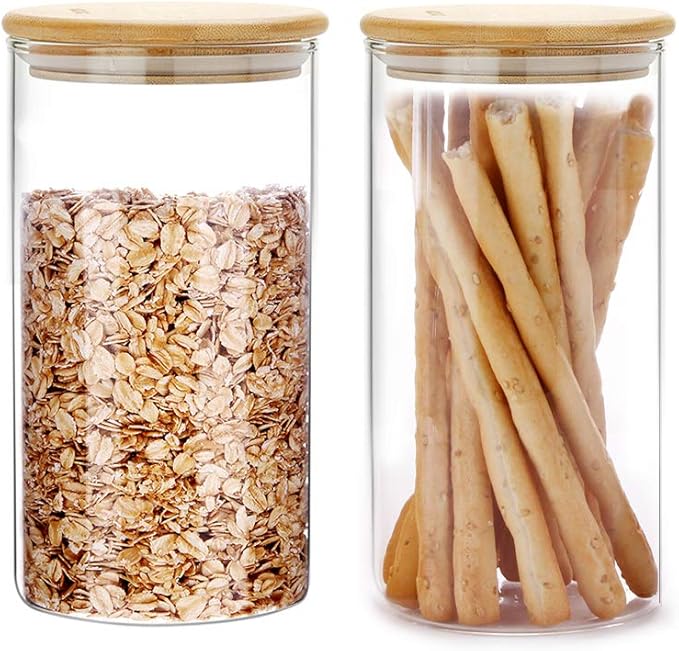 SIXAQUAE Glass Food Storage Containers Jar Seal Bamboo Lids 2 Packs 1200ml Airtight Canister Organization Sets Stackable