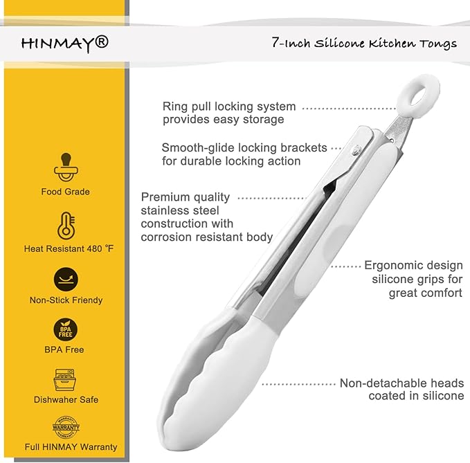 Mini Tongs with Silicone Tips 7-Inch Serving Tongs, Set of 3 (White)