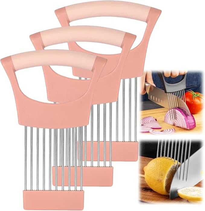 Onion Slice Holder, 2024 New Stainless Steel Holder for Slicing, Chopper Assistant Tool, Cutter for Meat, Onion, Potato, Tomato Kitchen Gadgets (Pink, 3 Pack)
