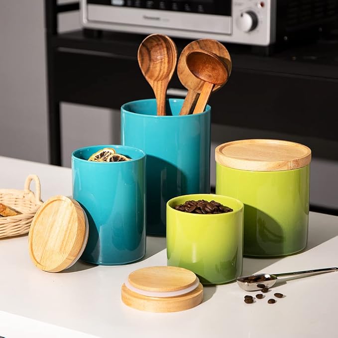 Sweejar Ceramic Food Storage Jar, Stackable Kitchen Canisters, Containers with Airtight Seal Wooden Lid for Serving Ground Coffee, Tea, Sugar, Salt and More - 16 Fl Oz (Gradient Green)