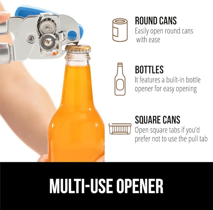 GORILLA GRIP Heavy Duty Stainless Steel Smooth Edge Manual Can Opener and Bottle Openers, Soft Comfortable Handle, Oversized Handheld Turn Knob, US Designed Multifunctional Kitchen Tool, Aqua