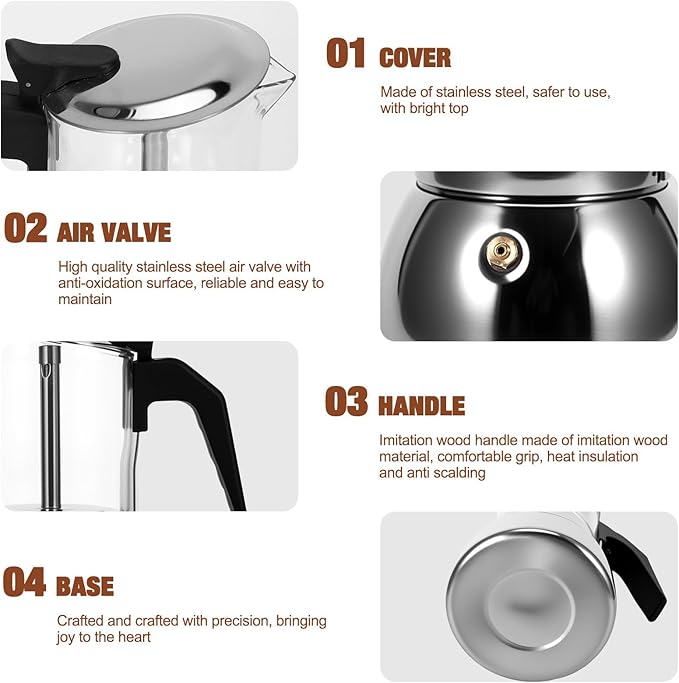 Stovetop Espresso Maker, 9Cup 450ML Stainless Steel Stovetop Italian Coffee Maker Transparent Glass Moka Pot, Coffee Maker Mocha Pot for Home Cafe Outdoor Office