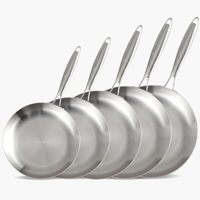 LOLYKITCH 8-9-10-11-12 Inch Tri-ply Stainless Steel Frying Pan Set,Skillets,Chef's Induction Cooking Cookware Set,Dishwasher and Oven Safe,Detachble Handle