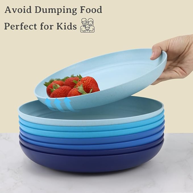 Wrova Wheat Straw Salad Plates - 9 Inch Unbreakable Dinner Set of 8 Dishwasher & Microwave Safe Plastic Reusable Lightweight for kitchen,camping (Ocean),Ocean Series:Gradient Blue