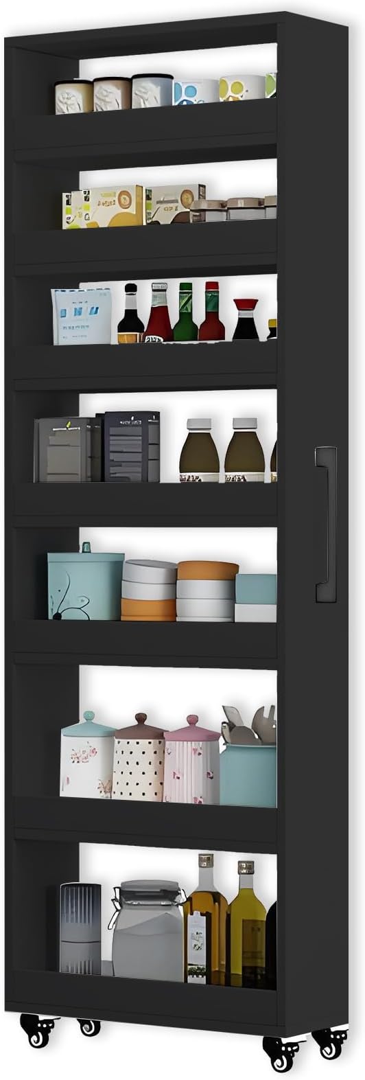 7-Tier Slim Storage Cart, Wooden Rolling Pantry Cabinet with Wheels, Narrow Shelf Organizer for Kitchen, Bakers Rack, Dining Room, Closet, Small Spaces Dark Walnut 47.2" H*7.8" W*23.6" D