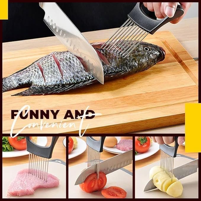 Onion Slice Holder, 2024 New Stainless Steel Holder for Slicing, Chopper Assistant Tool, Cutter for Meat, Onion, Potato, Tomato Kitchen Gadgets (Red, 3 Pack)