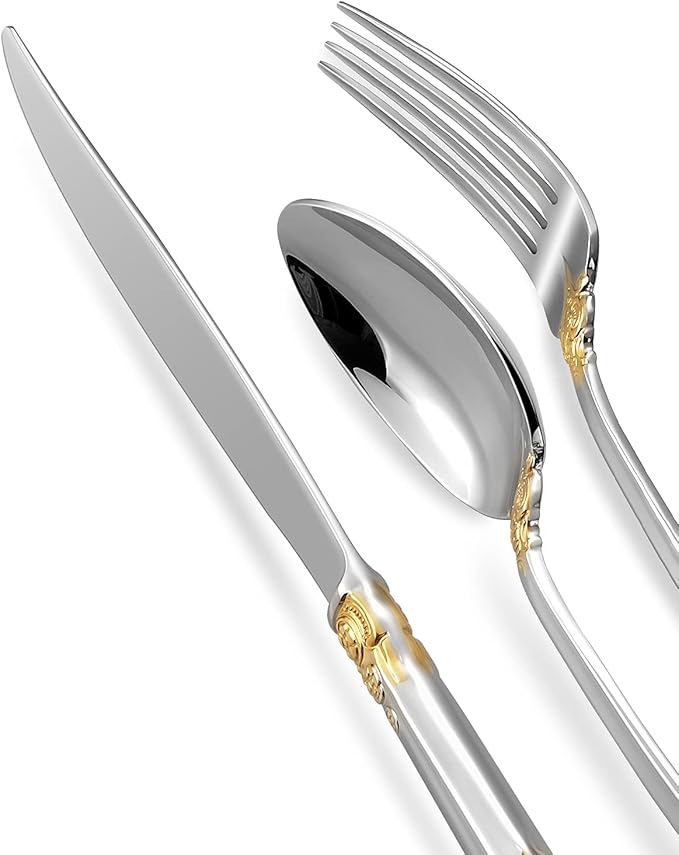 KEAWELL Luxury 20 Pieces 18/10 Stainless Steel Flatware set, Service for 4, silver plated with gold accents, Fine Silverware set and Dishwasher Safe (Gold Accent)