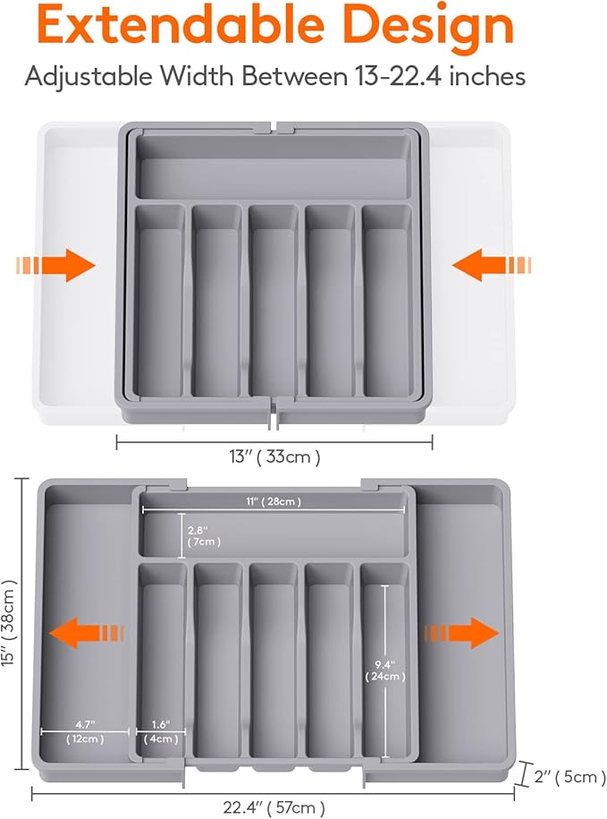 Lifewit Silverware Drawer Organizer, Expandable Utensil Tray for Kitchen, BPA Free Flatware and Cutlery Holder, Adjustable Plastic Storage for Spoons Forks Knives, Large, Grey