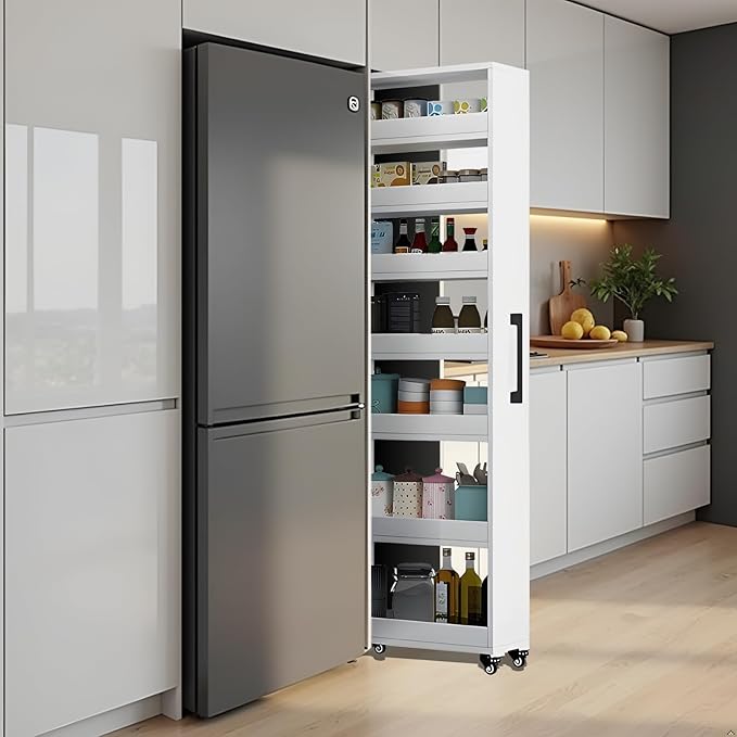 7-Tier Slim Storage Cart, Wooden Rolling Pantry Cabinet with Wheels, Narrow Shelf Organizer for Kitchen, Bakers Rack, Dining Room, Closet, Small Spaces Warm White 73.2''H*5.9''W*23.6''D