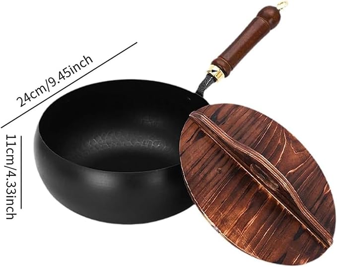 Jinswhdre Cast Iron Skillet, 9.5/11in Jinswhdre Japanese Irons Pan, Hand Forged Uncoated Iron Pan with Lid Spatula, Non-stick Wok for Cooker Gas Stir Fry Pans Durable and Rust-Free (Wooden Lid,11in)