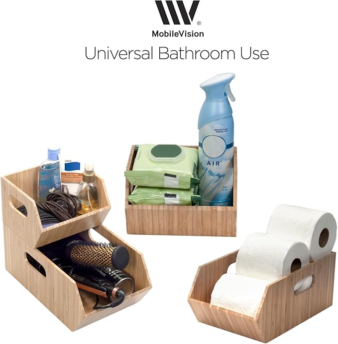MobileVision Bamboo Storage Bins for Pantry & Kitchen Cabinet Organizer Multi-Purpose 2 PC Stackable Set for Canned Goods, Vegetables, Pouches, Boxed Meals & more