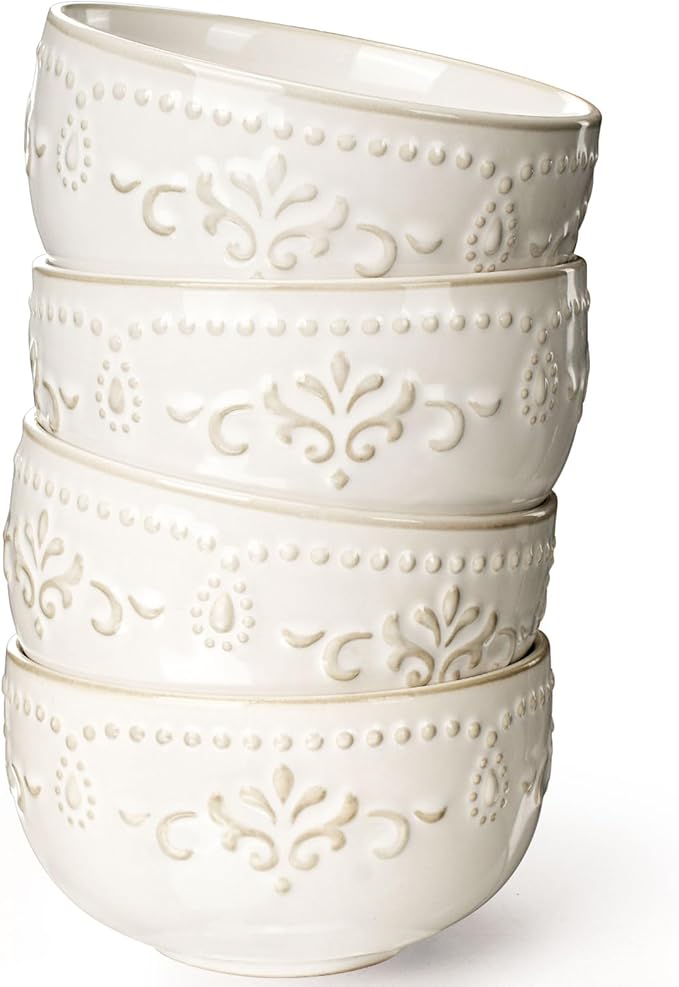 Artena Small Bowls Set of 4, 12 oz Ceramic Embossment Dessert Bowls, white Bowl for Kitchen, Ice Cream, Side Dishes, Rice, Cereal, Fruit, 4.5 Inch, Microwave & Dishwasher Safe, Damask Floral