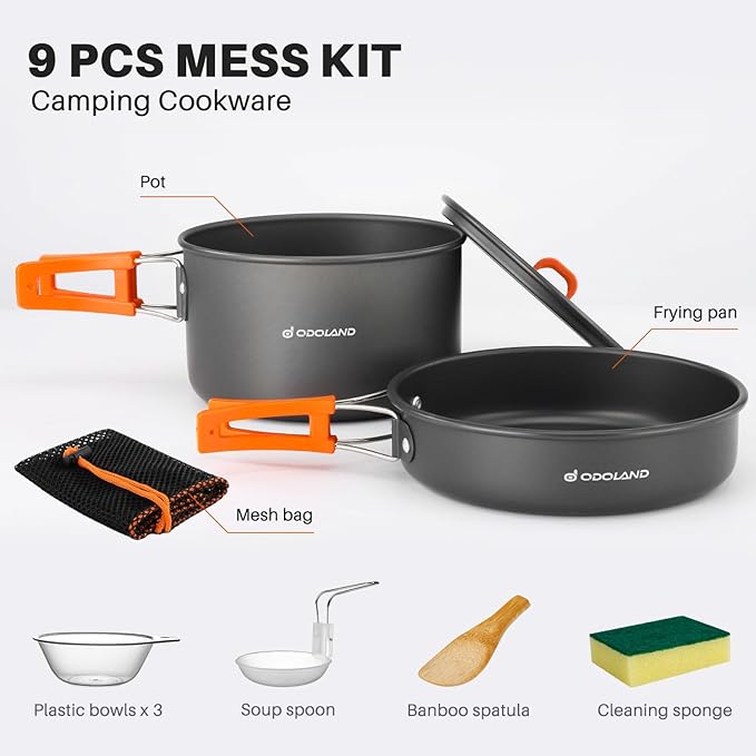 Odoland 9pcs Camping Cookware Non-Stick Lightweight Pots and Pans Set with Plastic Bowls Soup Spoon for Backpacking, Outdoor Cooking and Picnic