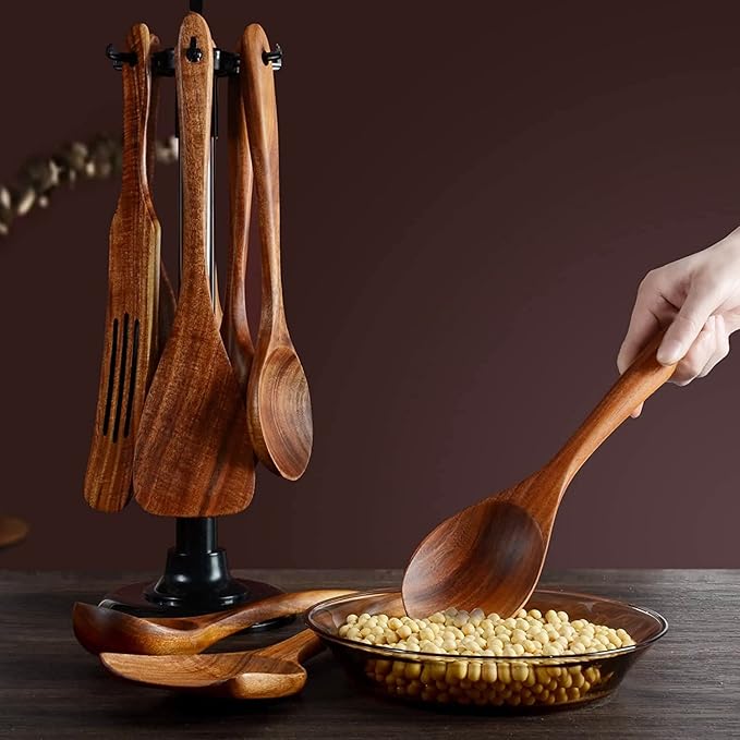 12 Pack Wooden Spoons for Cooking - Natural Teak Kitchen Utensils Set with Spatulas