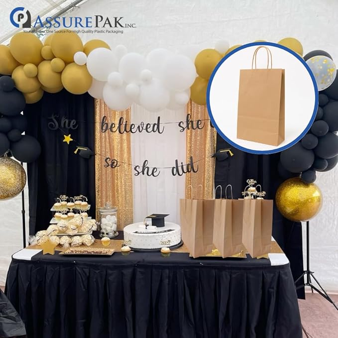 ASSUREPAK DIY Earth Friendly Paper Bags - 60LB - 10"x6.75"x12" - 100 Bags - 90 GSM - Kraft/Natural - Gift Bags for Decorating & Graduation Parties