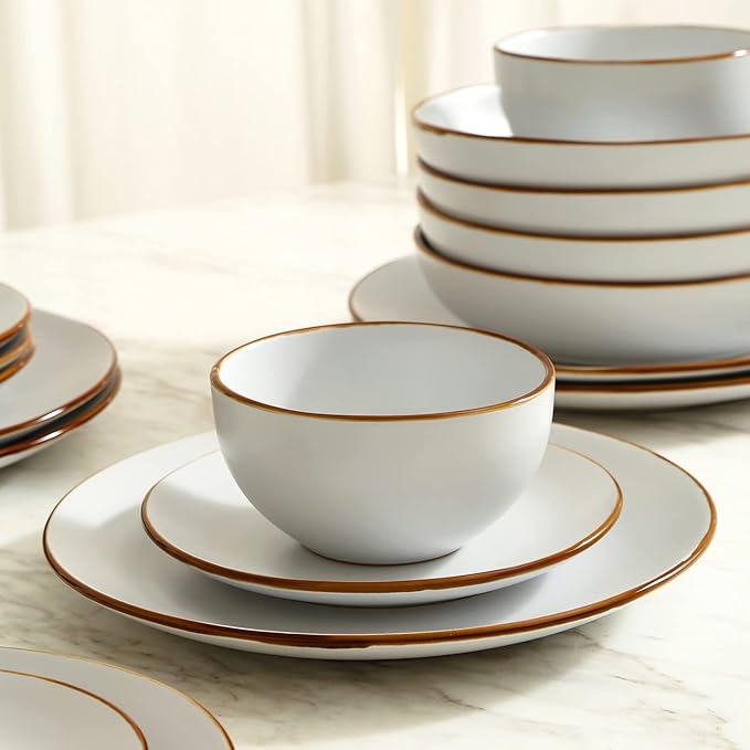 Stone Lain Brasa Modern Stoneware 16 Piece Dinnerware Sets, Plates and bowls Sets, Dish Set for 4, White