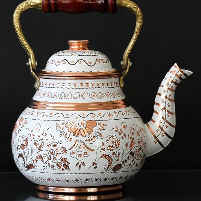 Vintage Copper Turkish TeaPot Tea Kettle Pot for Stovetop Stove Top Infuser Decorative Fancy Arabic Moroccan Party Serving Kitchen Antique Handmade White Floral Unique Style Gooseneck Gift