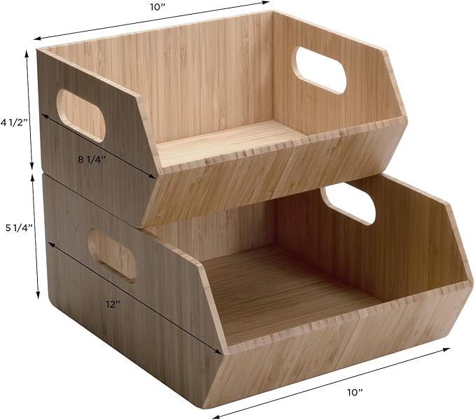 Mobilevision XL Versatile Bamboo Storage Bins for Pantry & Kitchen Cabinet Organizer Multi-Purpose / 2 Piece Stackable Set Larger Bins