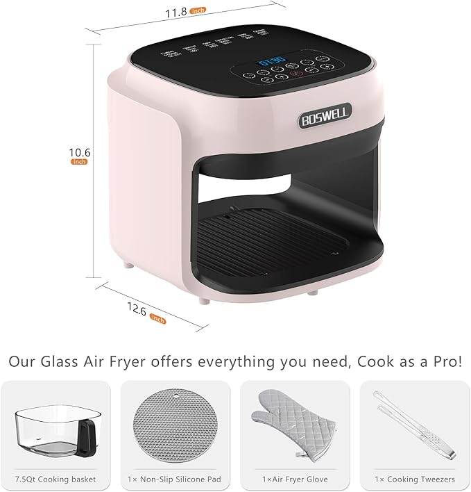 BOSWELL Glass Air Fryer, 7.5 QT with Transparent Fry Bowl, Circulating Heating, Temperature Control, Stainless Steel Air Fryer Roast, Dishwasher Safe (Pink)