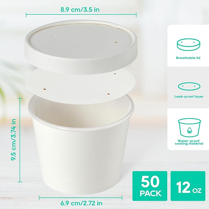 JOLLY PARTY 50pack 12oz Paper Soup Containers with Lids, Disposable Paper Food Cups, Ice Cream Cups, Food Storage with Lids, Microwavable and Freezer Safe, Suitable for Christmas Thanksgiving(White)