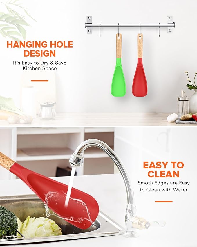 Cooking Spoon for Nonstick Cookwares, Great for Cooking and Serving Sturdy BPA-Free Matte Silicone, Wood Handle Spoon for Mixing, Scoop, and Scrape (AGR, 11.4 inch)