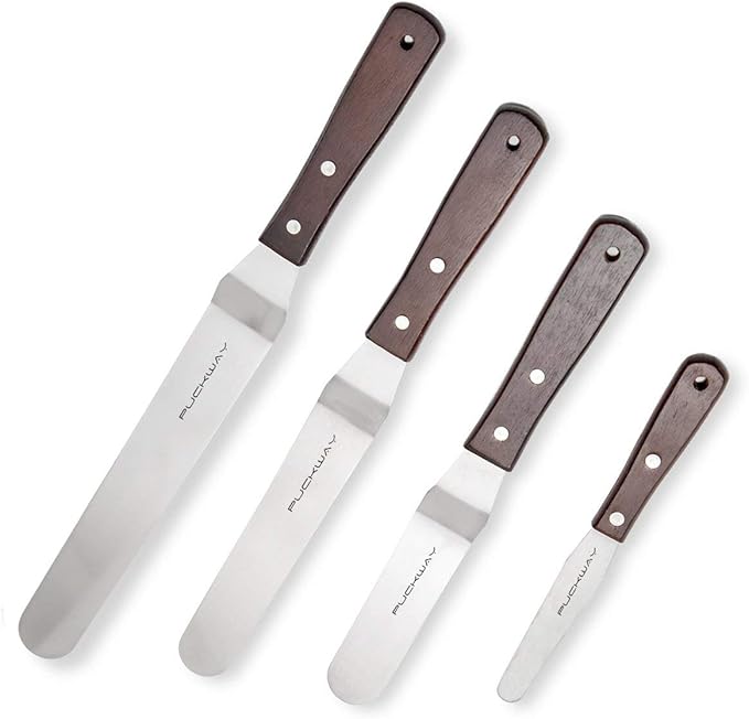 Offset Cake Icing Spatula Set of 4- Professional Stainless Steel Cake Decorating Frosting Spatulas, 4"-6"-8"-10" Flexible Resistant Blade, Wooden Handle For Easy Grip