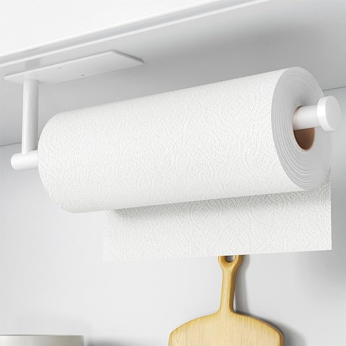 Paper Towel Holder - Self-Adhesive or Drilling, White Wall Mounted Rack - SUS304 Stainless Steel Kitchen Roll Holder Under Cabinet (2 Pack)