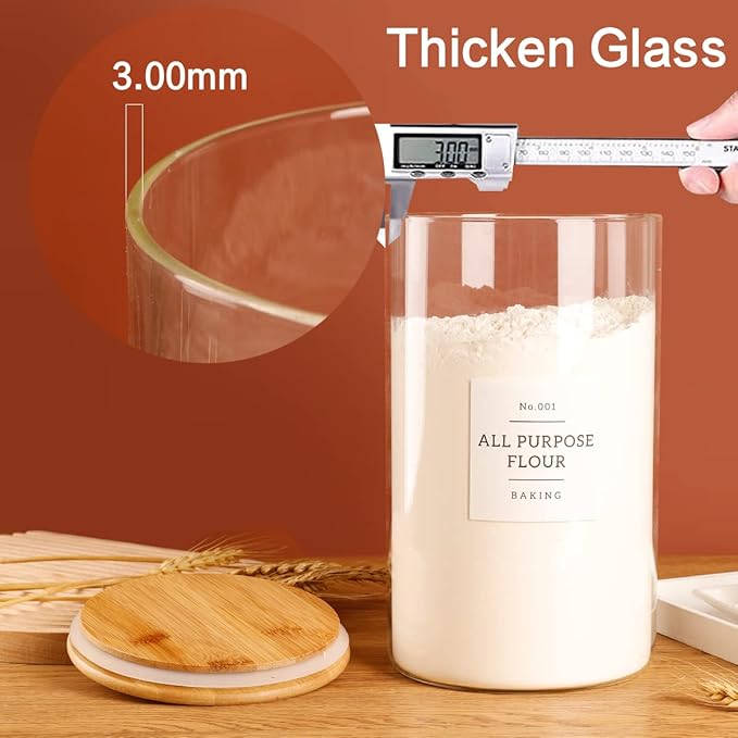 1 Gallon Large Glass Food Storage Containers With Airtight Bamboo Lid - Kitchen Glass Storage Jars Canister With 42 Pantry Labels - Thicken Big Clear Rice Containers For Your Pantry