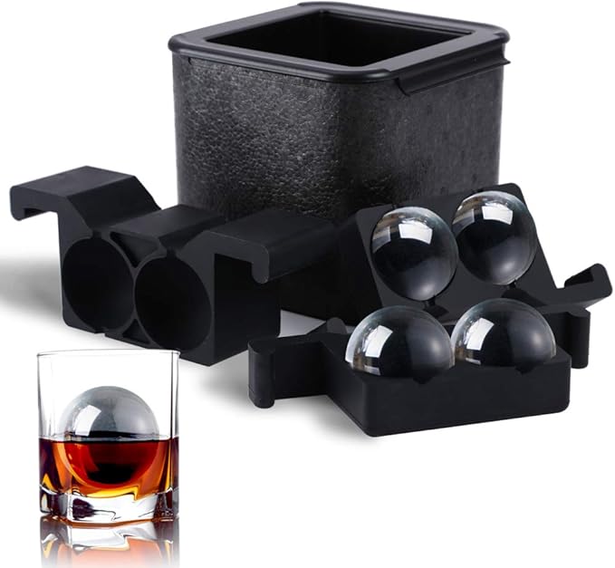 TINANA Crystal Clear Ice Ball Maker, 4 Cavity Large Clear Ice Balls Form, 2.5” Round Ice Sphere Trays for Whiskey, Cocktail, Brandy, Bourbon