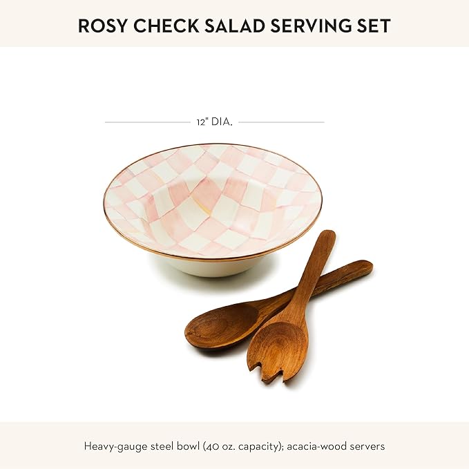 MACKENZIE-CHILDS Enamel Salad Serving Set, Enamel Bowl and Wooden Salad Servers, Decorative Kitchen Set, Pink-and-White Rosy Check