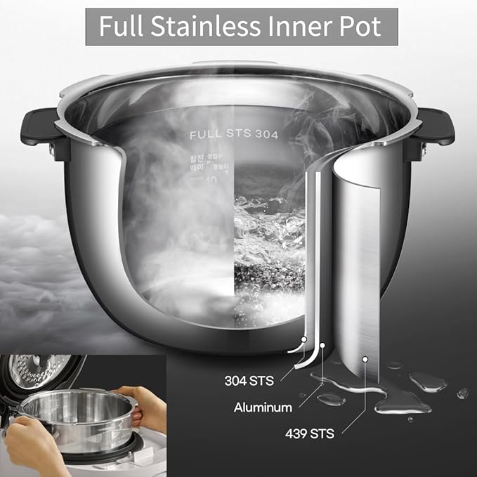 CUCHEN CRH-TWS1010PWUS, Full Stainless Inner Pot, Induction Heating Dual Pressure Rice Cooker,10 Person, 10-cup, 2.28 Quarts (uncooked), 20-cup, 4.56 Quarts (cooked), Dual Pressure Low and Hi, Auto Steam Clean, Slow Cooker, Steam Cooker