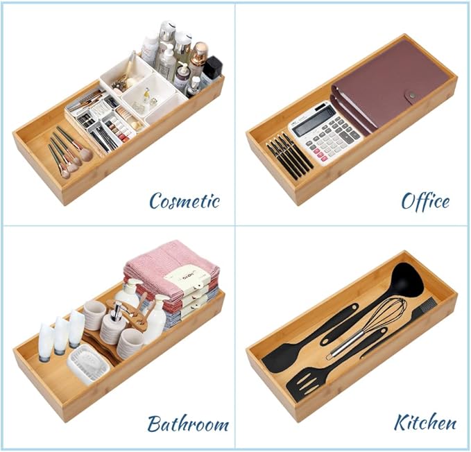 Bamboo Drawer Organizer - Kitchen Utensil Organizer Silverware Tray Cutlery Holder，Office Desk Supplies and Accessories (8.9x5.9x2.6 inch)