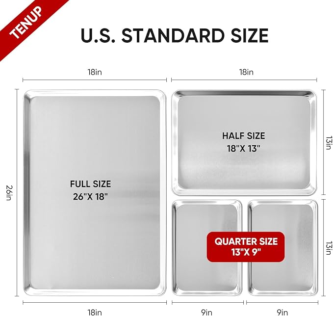 TENUP 6 Pack Aluminum Quarter Sheet Pan, 13" x 9" Heavy Duty Commercial Baking Tray Reinforced Rim, Warp-Resistant Rust-Free