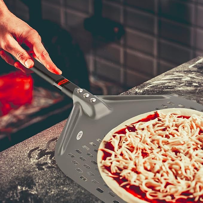 TKC Perforated Pizza Peel - 12" Metal Pizza Turner compatible with Ooni Ovens, Indoor & Outdoor Use, Durable and Heat-Resistant Handle, Lightweight Pizza Spatula (Black)