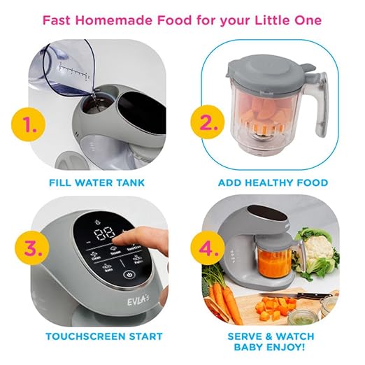 EVLA'S Baby Food Maker, Steamer, Blender, Baby Food Processor for Healthy Homemade Baby Food in Minutes, Touch Screen with 6 Reusable Food Pouches, Baby Registry Essential, Grey