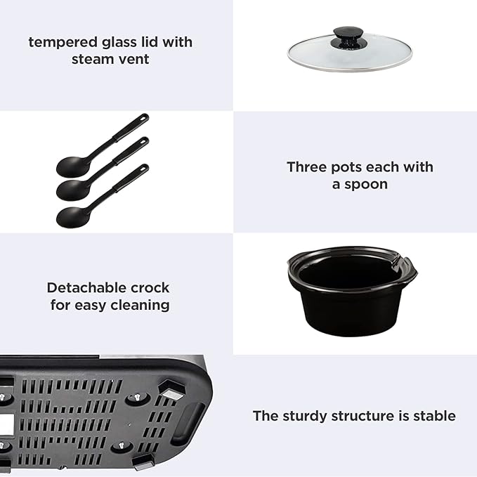 Sunvivi Slow Cooker, Triple Slow Cooker Buffet Server and Food Warmer, 3-Section 1.5-Quart Upgraded Oval Ceramic Pot with Stainless Steel Lid Rests, 3 Spoons, Total 4.5 QT