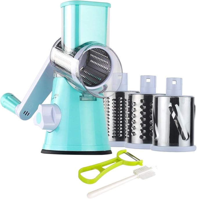Ourokhome Rotary Cheese Grater Hand Crank, Kitchen Shredder Speed Mandolin Slicer Nut Grinder with Handle and Drum Blades for Cheese, Vegetable, Walnut, Chocolate, Potato, Carrot, 3 Blades, Blue