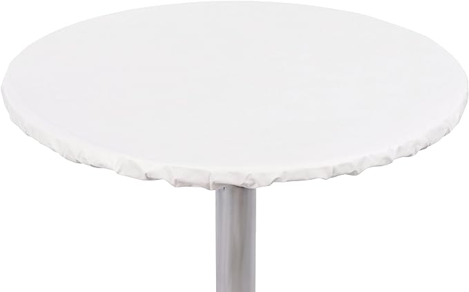 Yourtablecloth Heavy Duty Vinyl Round Fitted Tablecloth (Table Cover) with Flannel Backing Vibrant Colors Elasticized Tablecloth Great for Indoor and Outdoor Dining and Playing Cards 36” White