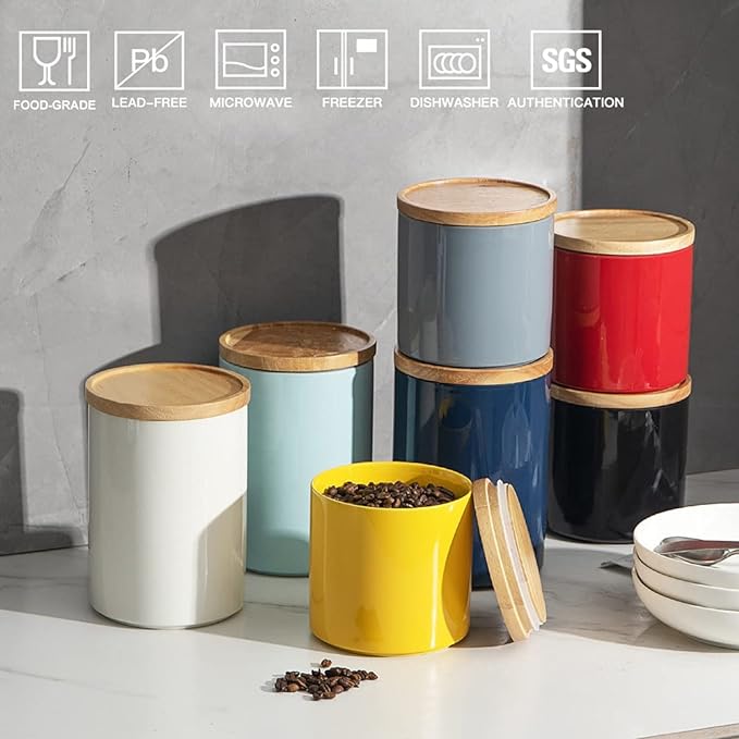 Sweejar Kitchen Canisters Ceramic Food Storage Jar, Stackable Containers with Airtight Seal Wooden Lid for Serving Coffee Bean, Flour, Tea, Spice and More - 39 Fl Oz (Turquoise)