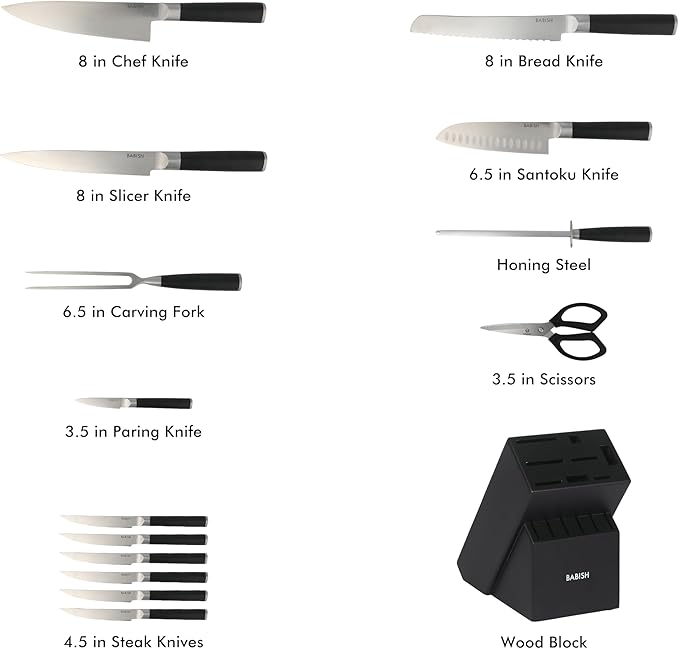Babish High-Carbon 1.4116 German Steel 15 Piece Full Tang Forged Cutlery Kitchen Knife Block Set - Black
