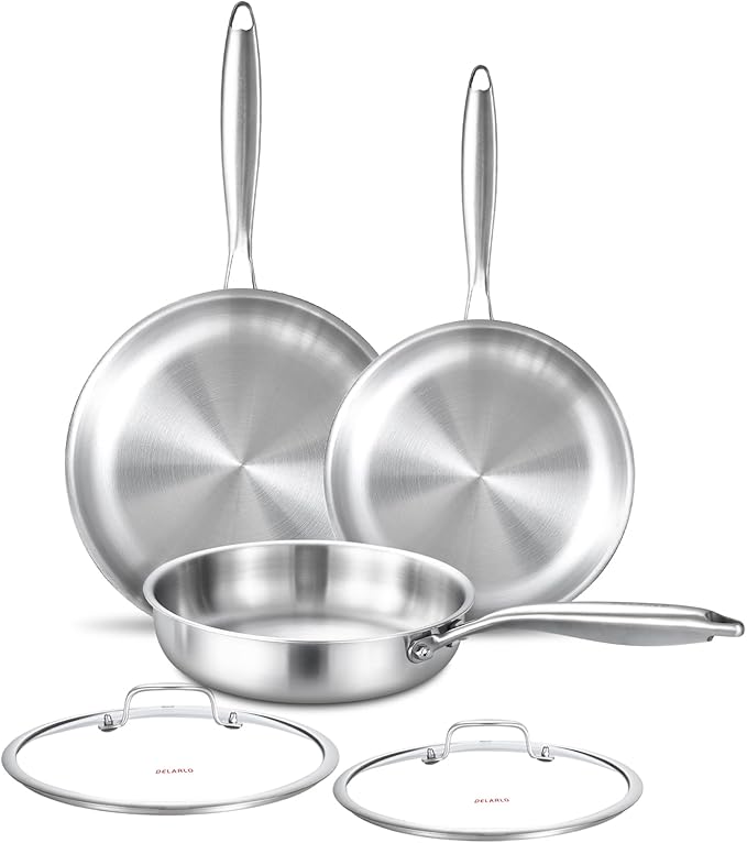 DELARLO Tri-ply Stainless Steel Frying Pan Set with Lid 8"10"12" Induction large Skillets Chef's Pan,Pots and Pans Set Kitchen Cookware Set Suitable for All Stove