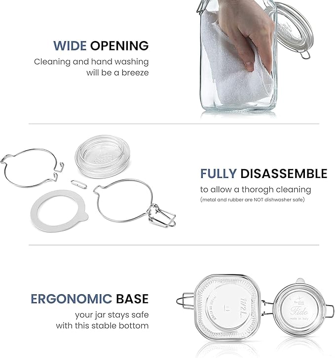Bormioli Rocco Fido Glass Storage Jar, Blue Lid Airtight Pantry Canister - 50.75 oz Clamp Lock Container for Pasta, Rice, Coffee & Dry Goods - Italian Glass, Dishwasher & Microwave Safe