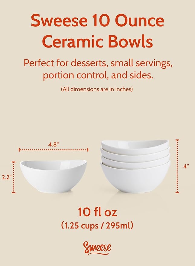 Sweese Porcelain Bowls Set 5 Inch, 10 oz - Set of 4 White Bowls for Dessert, Ice Cream, Soup, Rice & Fruits | Microwave, Dishwasher & Oven Safe