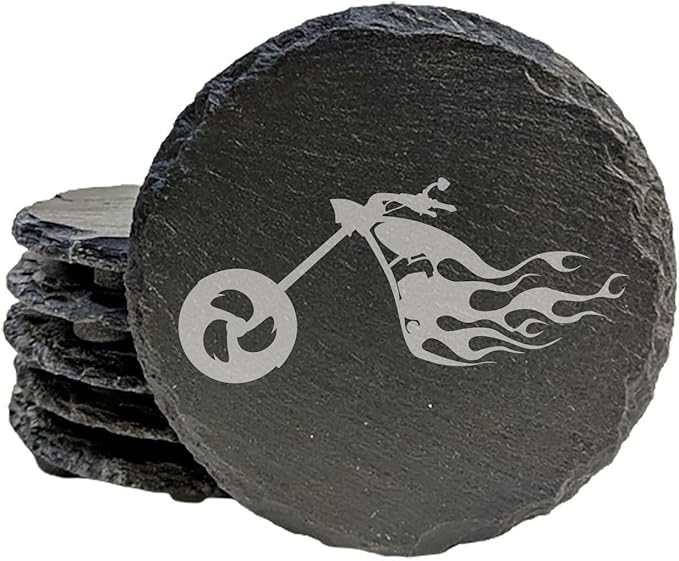 Ride The Fire: Flaming Chopper Motorcycle Coasters - Round Slate - Set of 6