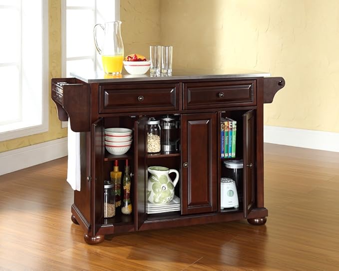 Crosley Furniture Alexandria Stainless Steel Top Rolling Kitchen Island Storage Cart, Spice Rack, Mahogany