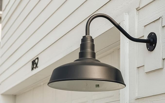Steel Lighting Co. Gardena Barn Light | Outdoor Wall Mounted | 16" Dome | 16" Gooseneck | Farmhouse Light Made in America | Navy Blue Exterior/Brass Interior