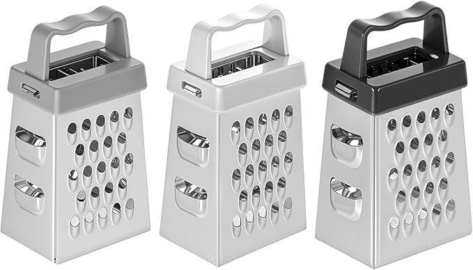 Mini Cheese Grater, 3 Pcs Stainless Steel Box Grater with Handle Professional Cheese Slicer Graters for Kitchen Slicer Cheeses Gingers Vegetable Dishwasher Safe (White, Grey, Black)