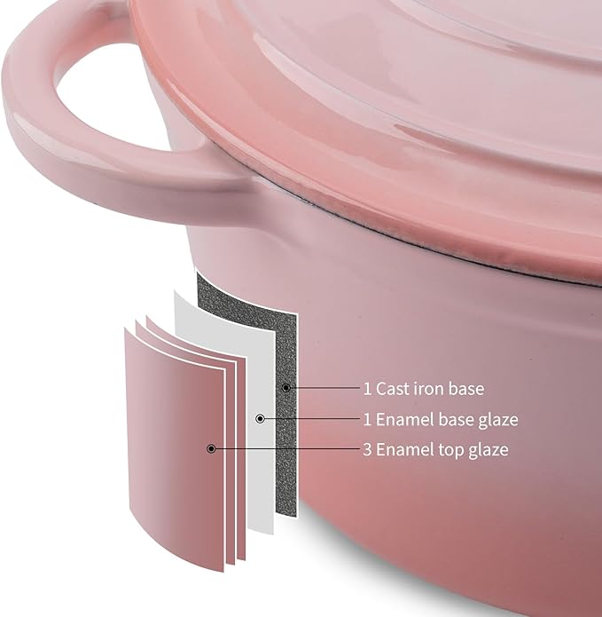 Enameled Cast Iron Dutch Oven Pot with Lid Heavy-Duty Cookware for Bread Baking, Braising, Stews, Roasting,4QT，pink