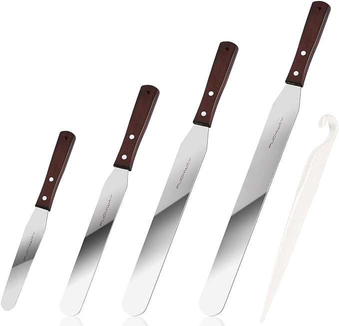 4PCS Cake Decorating Icing Spatula set with 4, 6, 8 & 10 Inch Stainless Steel Blade, Wood Handle Frosting Spatulas and Cake Stripping Tool (Straight Spatulas 4, 6, 8 & 10 Inch)