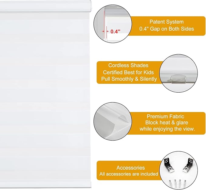 Persilux Zebra Blinds for Windows, Cordless Roller Shades for Windows Room Darkening Roller Blinds (60" W x 72" H, White) Light Control for Day and Night Light Filtering Sheer Shades for Home